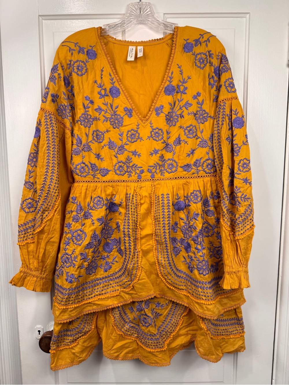 Meadow Rue Mustard Yellow Long Sleeve Dress with Purple Floral Embroidery